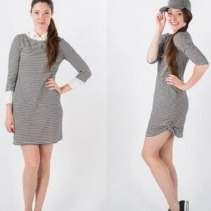 Betabrand Women M Gray Striped Knit Pockets 3/4 Sleeve Travel 30 Day Mini Dress